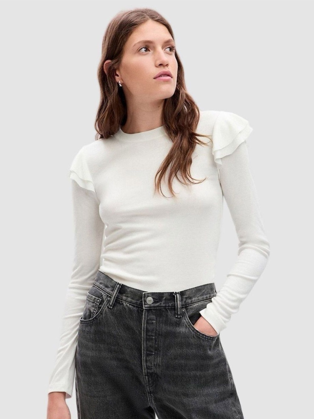 GAP Cream Long Sleeve Ruffle Shoulder Top